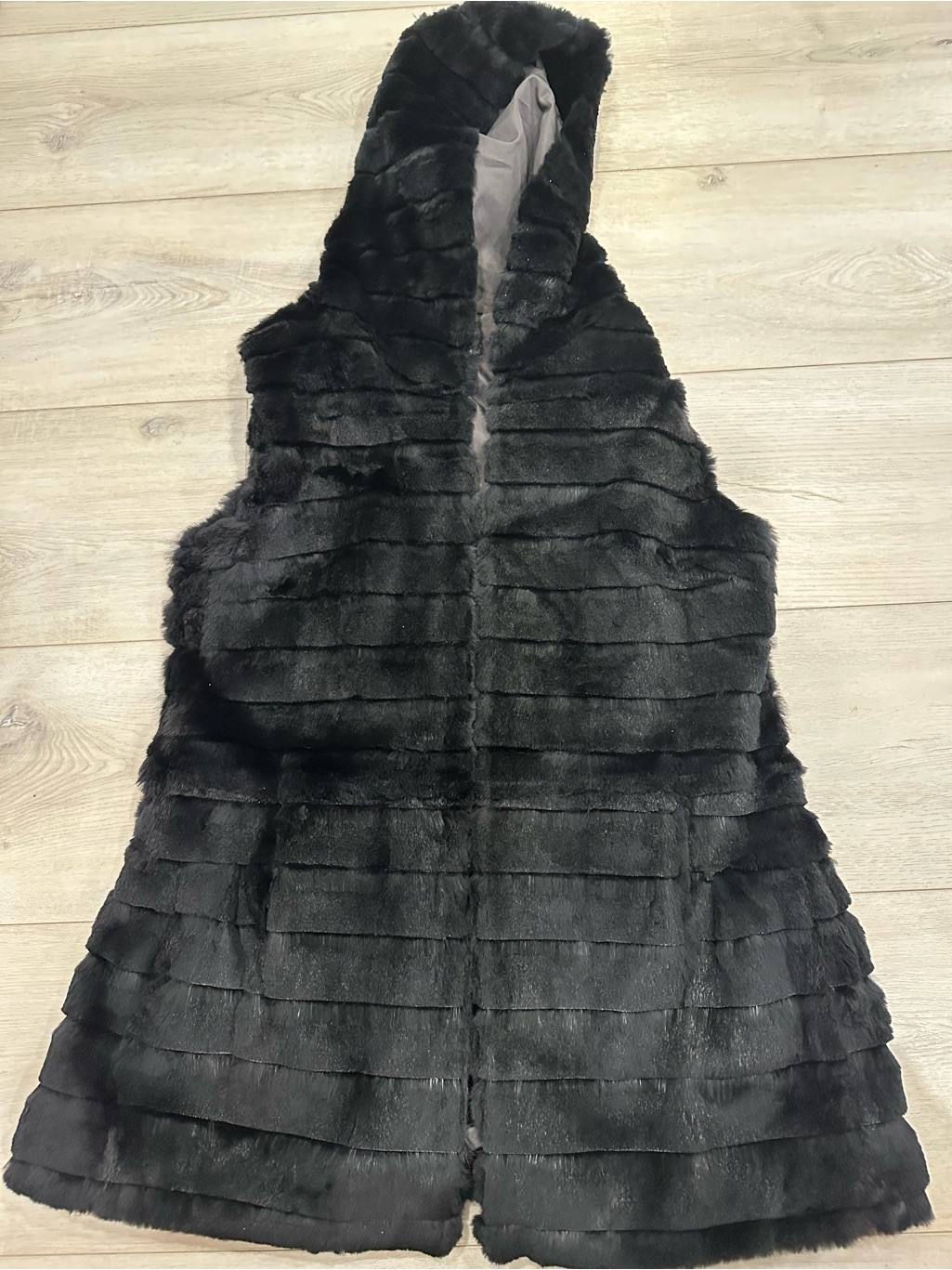 Love Token Black Faux Fur Hooded Long Vest Open Front